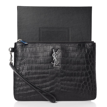 Saint Laurent Calfskin Crocodile Embossed Monogram Zip Pouch Black 8 of 8