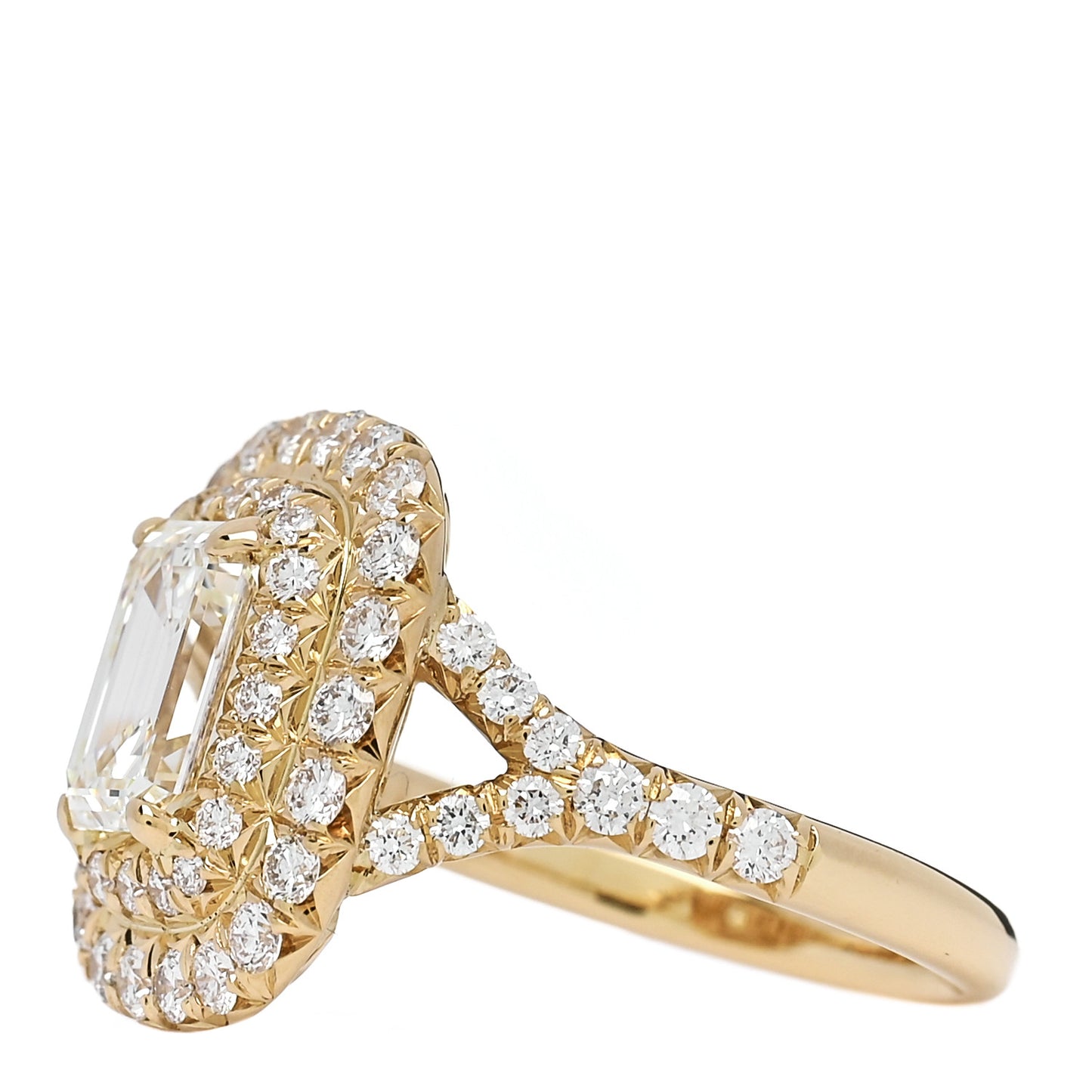 18K Yellow Gold Diamond 1.29ct Emerald Cut Double Halo Pave Engagement Ring 50 5.25