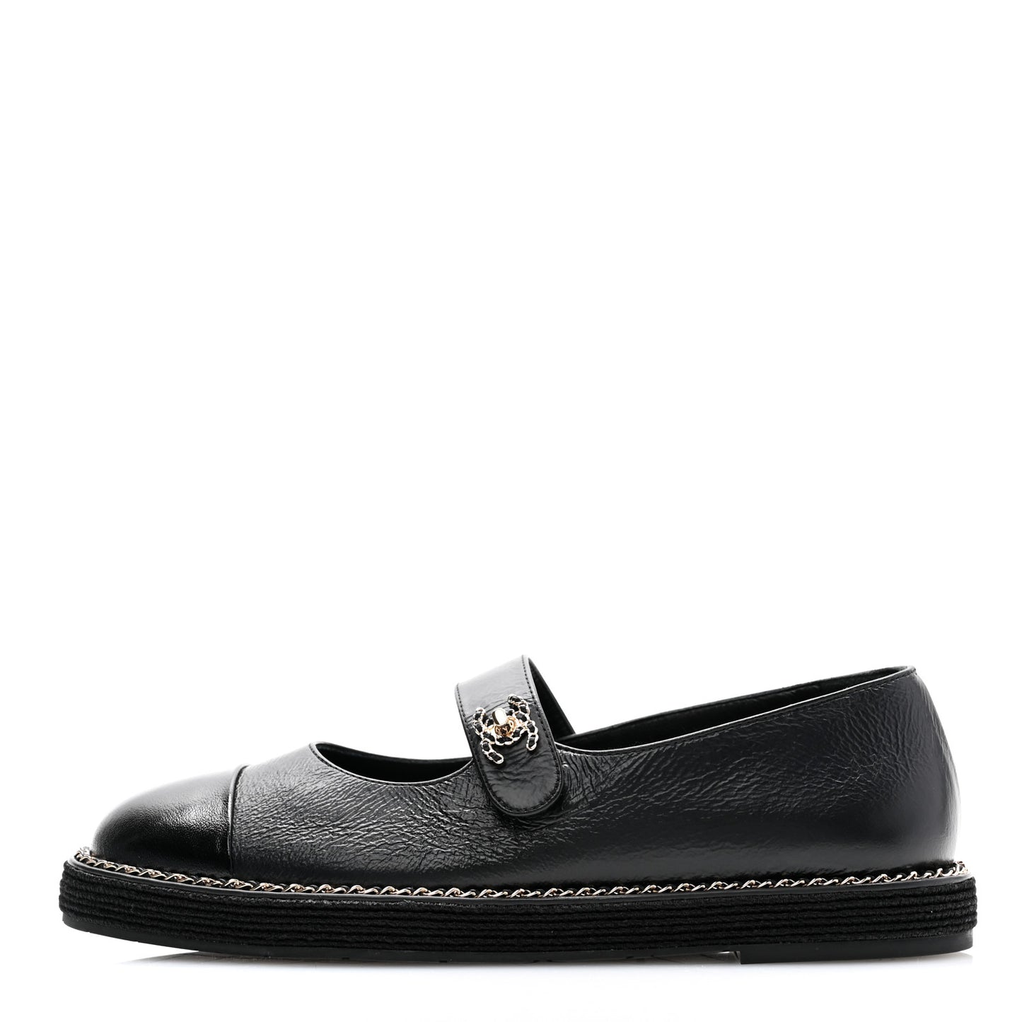 Crumpled Lambskin Cap Toe Chain CC Turnlock Mary Jane Flats 39 Black