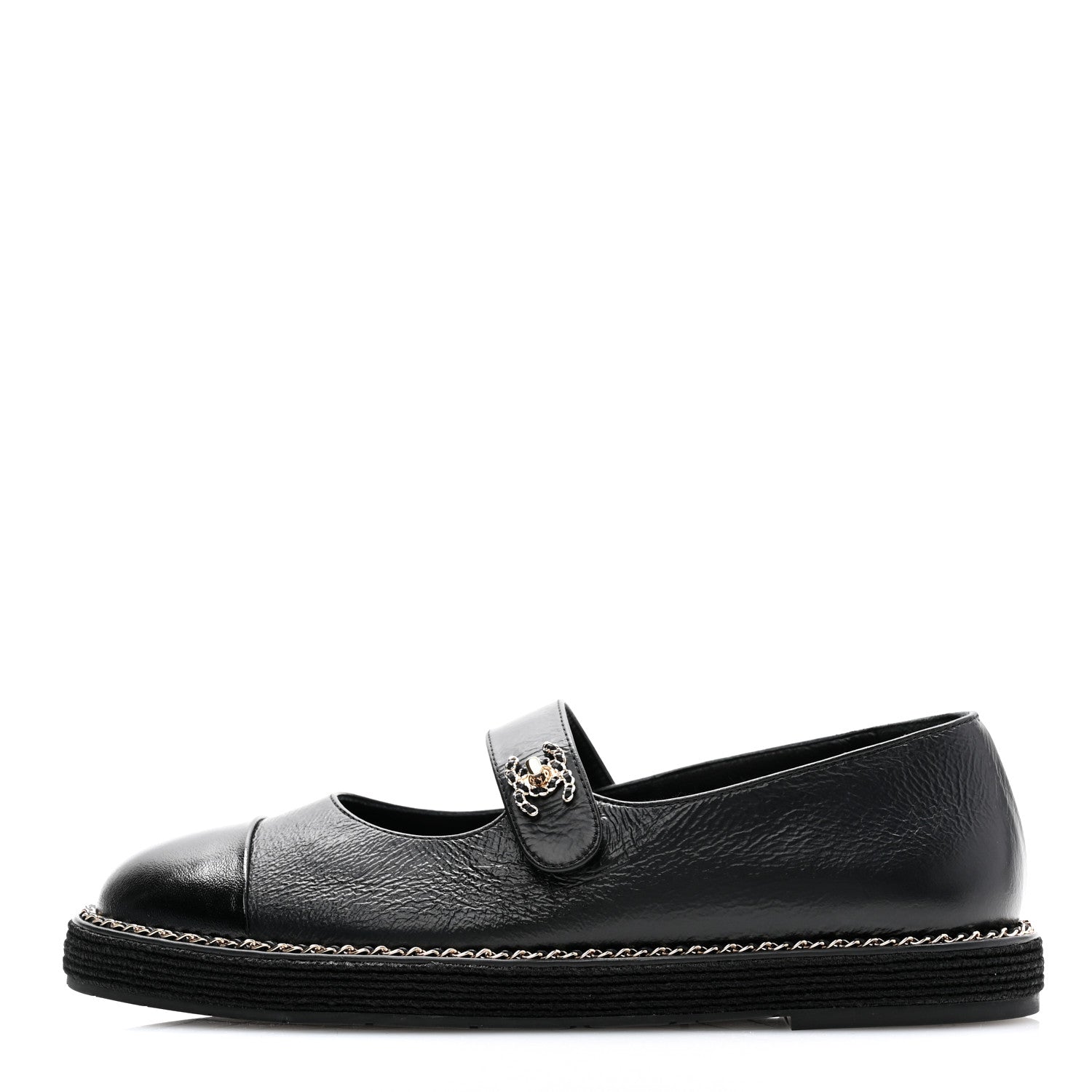 Chanel Crumpled Lambskin Cap Toe Chain CC Turnlock Mary Jane Flats 39 Black 1 of 9