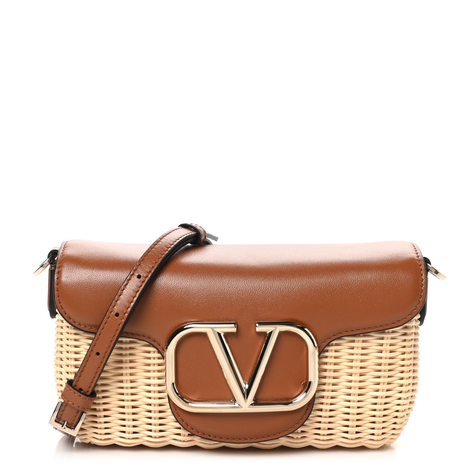 Valentino Garavani Wicker Calfskin Vlogo Small Loco Shoulder Bag Natural Saddle Brown 1 of 9