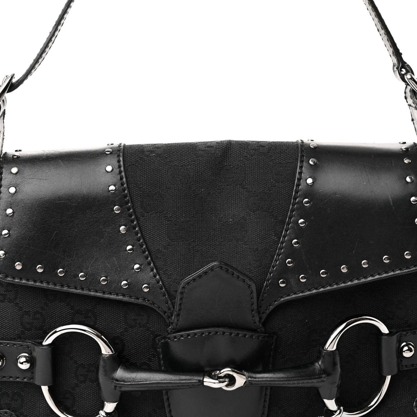 Monogram Horsebit Chain Studded Flap Shoulder Bag Black