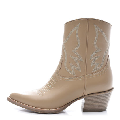 Valentino Garavani Calfskin Embroidered Texan 50mm Cowboy Ankle Boots 37 Naturale 1 of 10