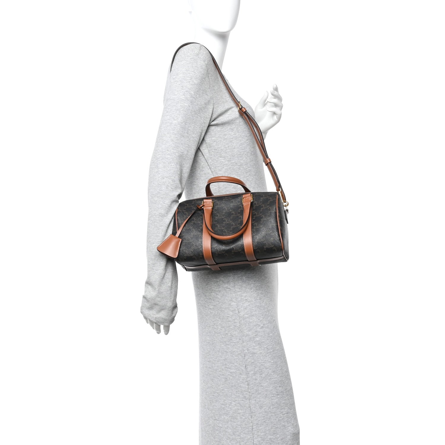 Celine Triomphe Canvas Calfskin Medium Boston Bag Tan 3 of 21