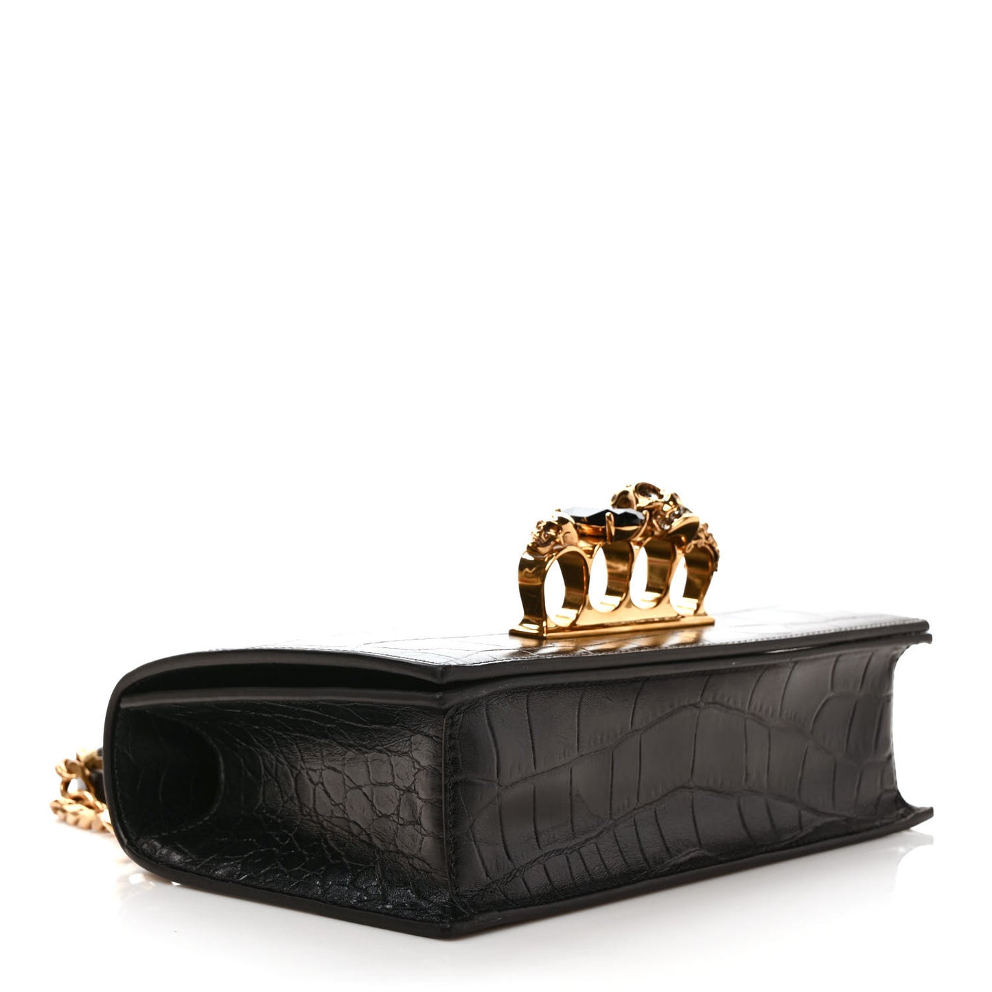 Shiny Crocodile Embossed Jeweled Satchel Black