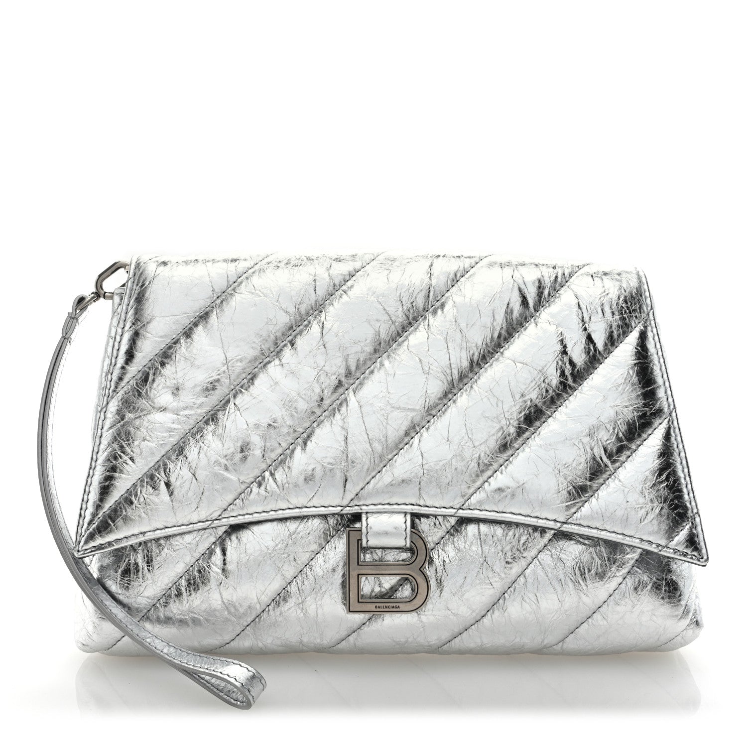 Balenciaga Metallic Calfskin Quilted Medium Crush Pochette Clutch Silver 1 of 6