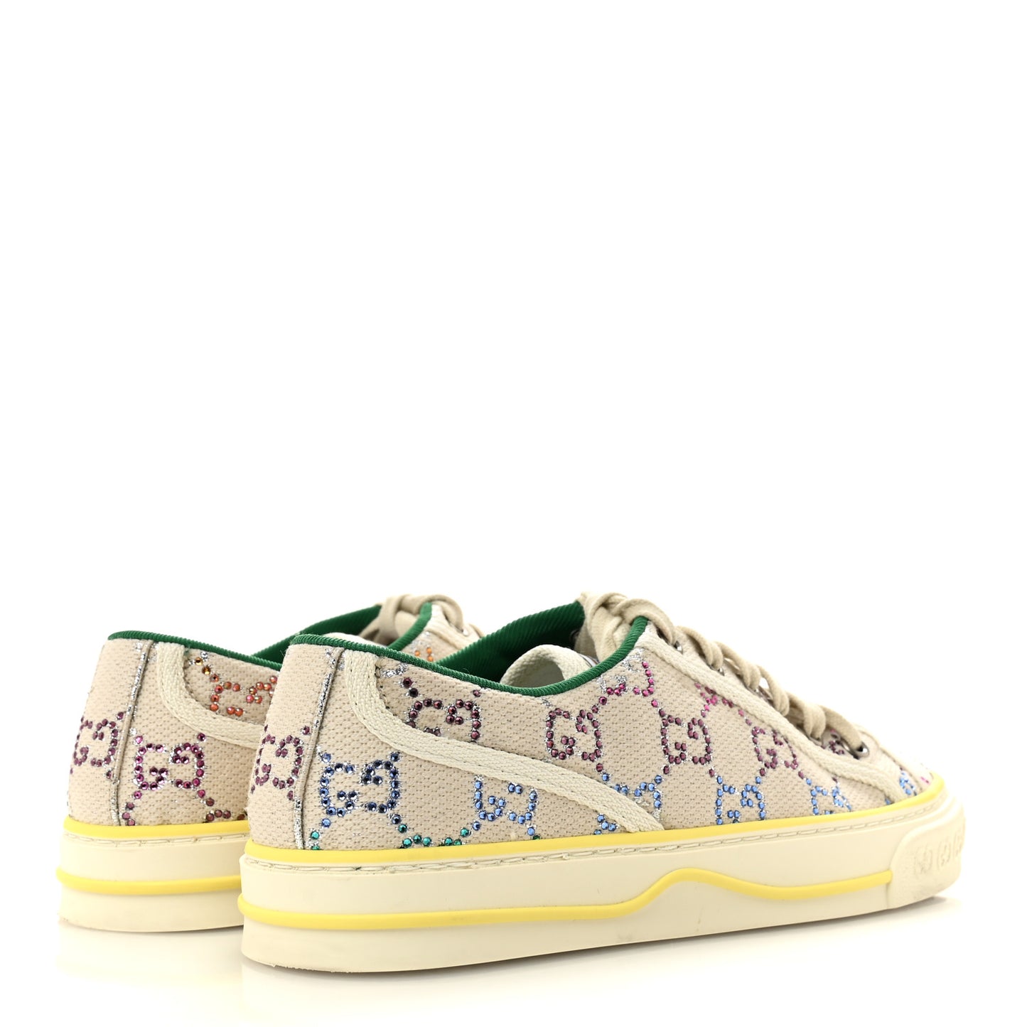 Canvas Lame Crystal GG Monogram Womens 1977 Tennis Sneakers 36 Gardenia Silver Mystic White