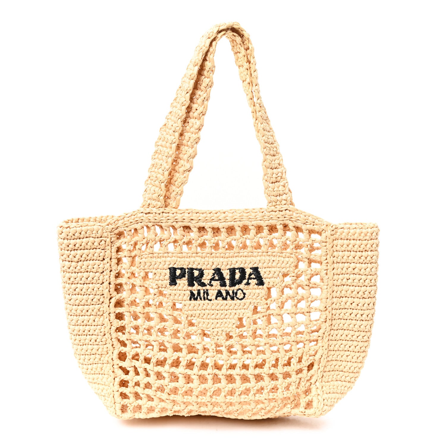 Prada Yarn Raffia Effect Crochet Logo Embroidered Small Tote Bag Naturale 1 of 10