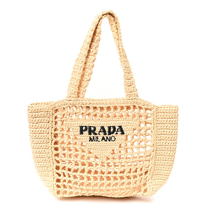 Prada Yarn Raffia Effect Crochet Logo Embroidered Small Tote Bag Naturale 1 of 10