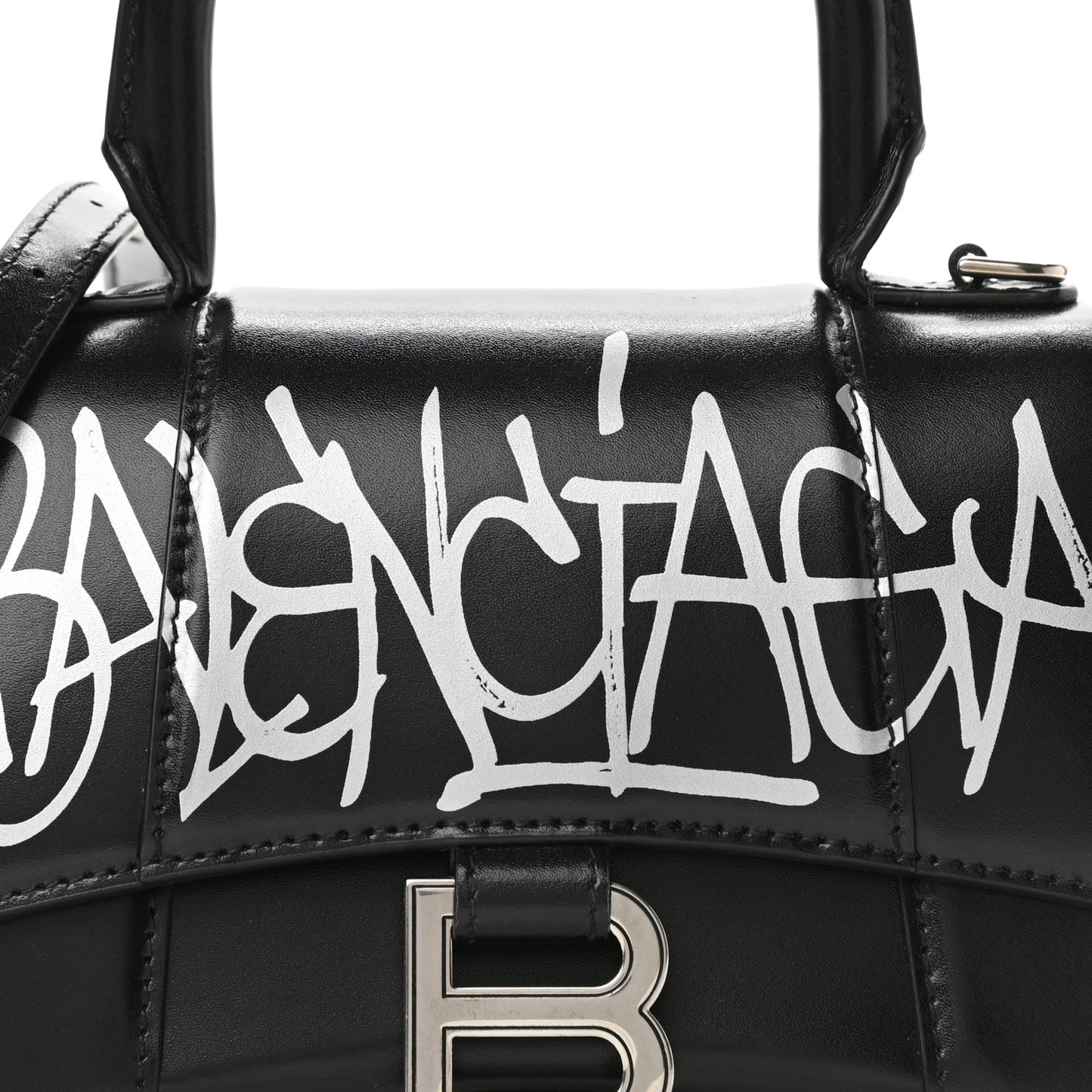 Box Calfskin Graffiti Logo Hourglass Top Handle Bag XS Black Silver