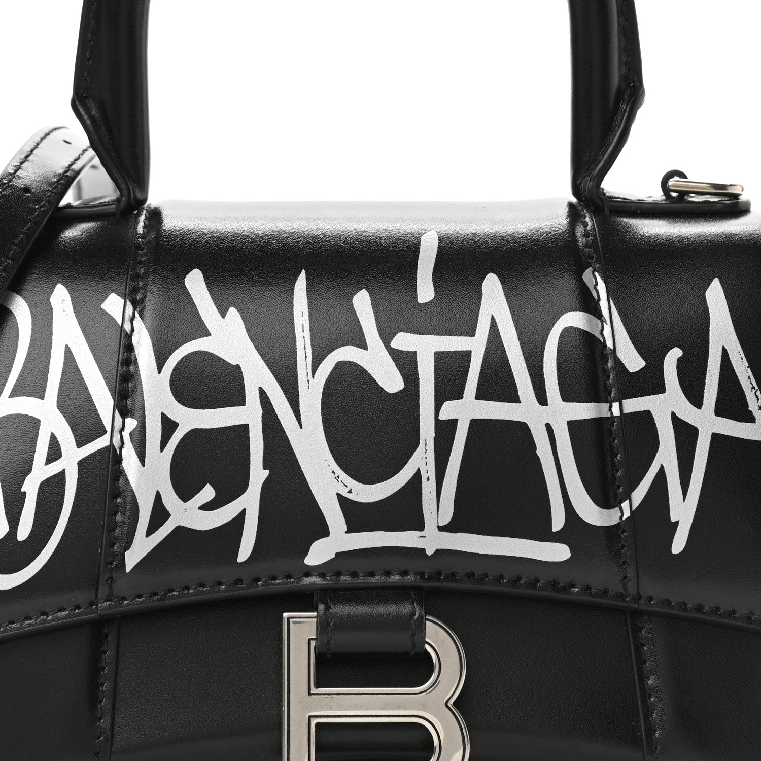 Balenciaga Box Calfskin Graffiti Logo Hourglass Top Handle Bag XS Black Silver 7 of 10