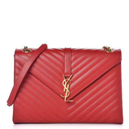 Saint Laurent Grain De Poudre Matelasse Chevron Large Monogram Satchel Lipstick Red 1 of 12