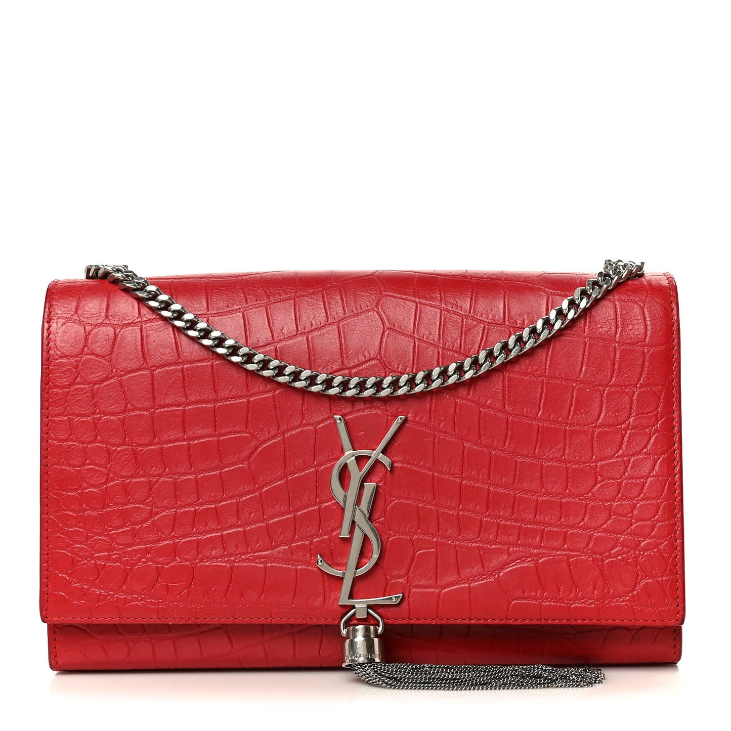 Calfskin Crocodile Embossed Medium Classic Monogram Kate Tassel Satchel New Red