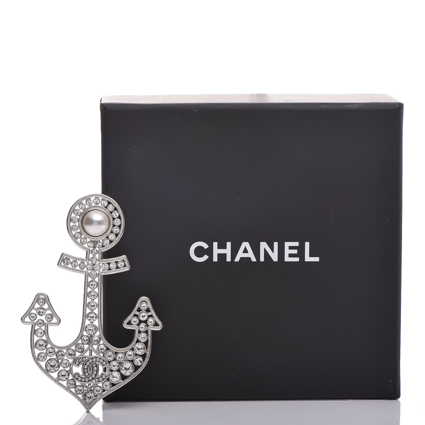 Crystal Pearl CC Anchor Brooch Silver