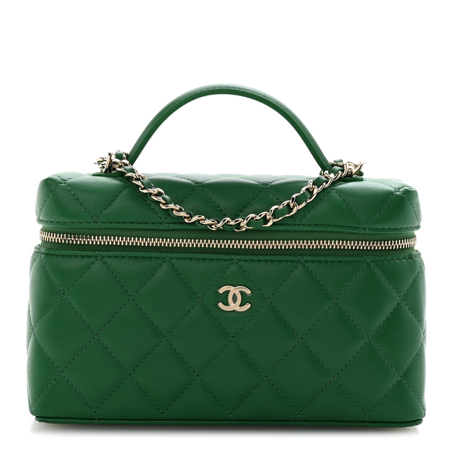 Lambskin Quilted Top Handle Slim Vanity With Chain Green