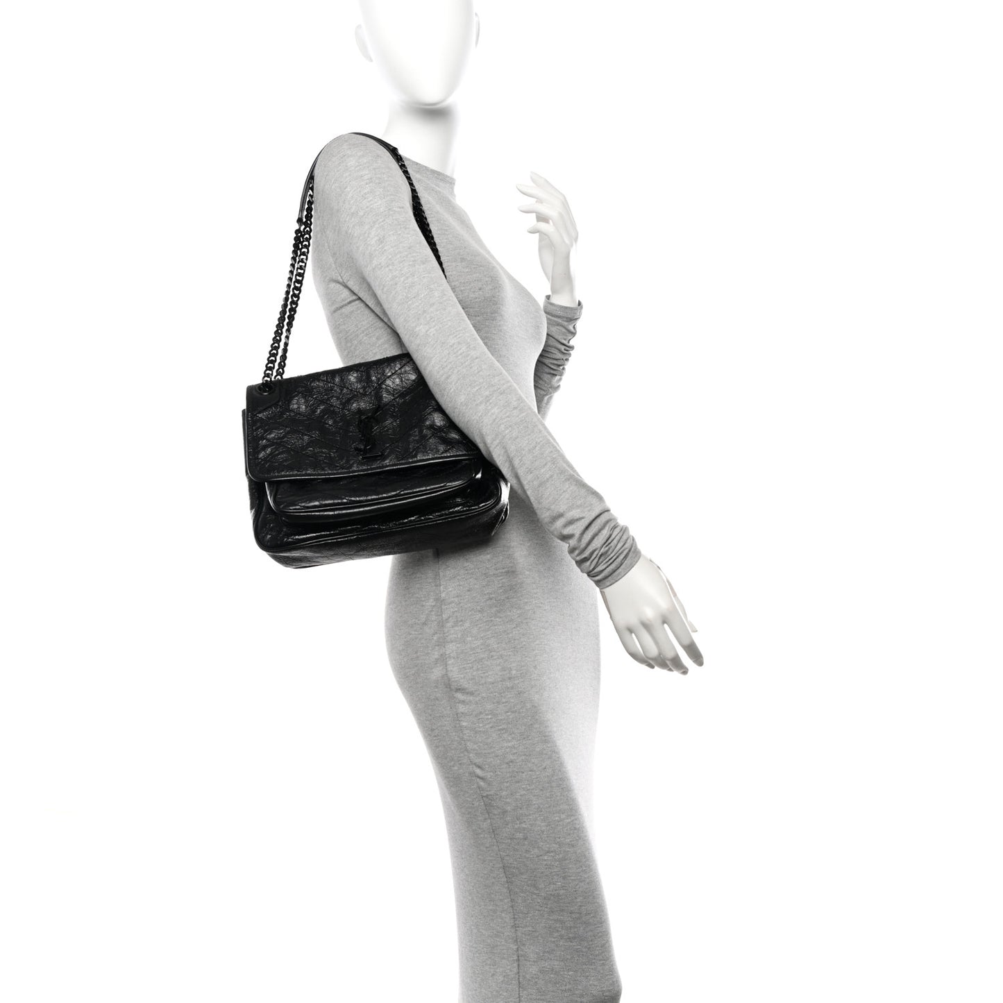 Crinkled Calfskin Matelasse Monogram Medium Niki Chain Satchel Black