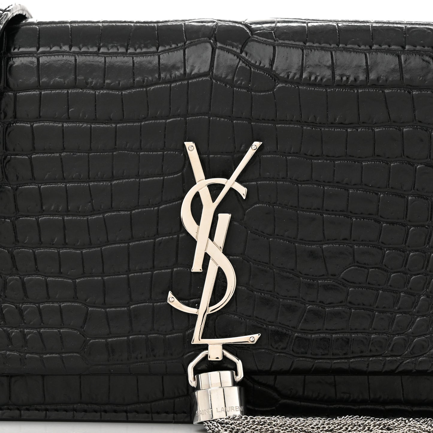 Calfskin Crocodile Embossed Kate Monogram Tassel Chain Wallet Black