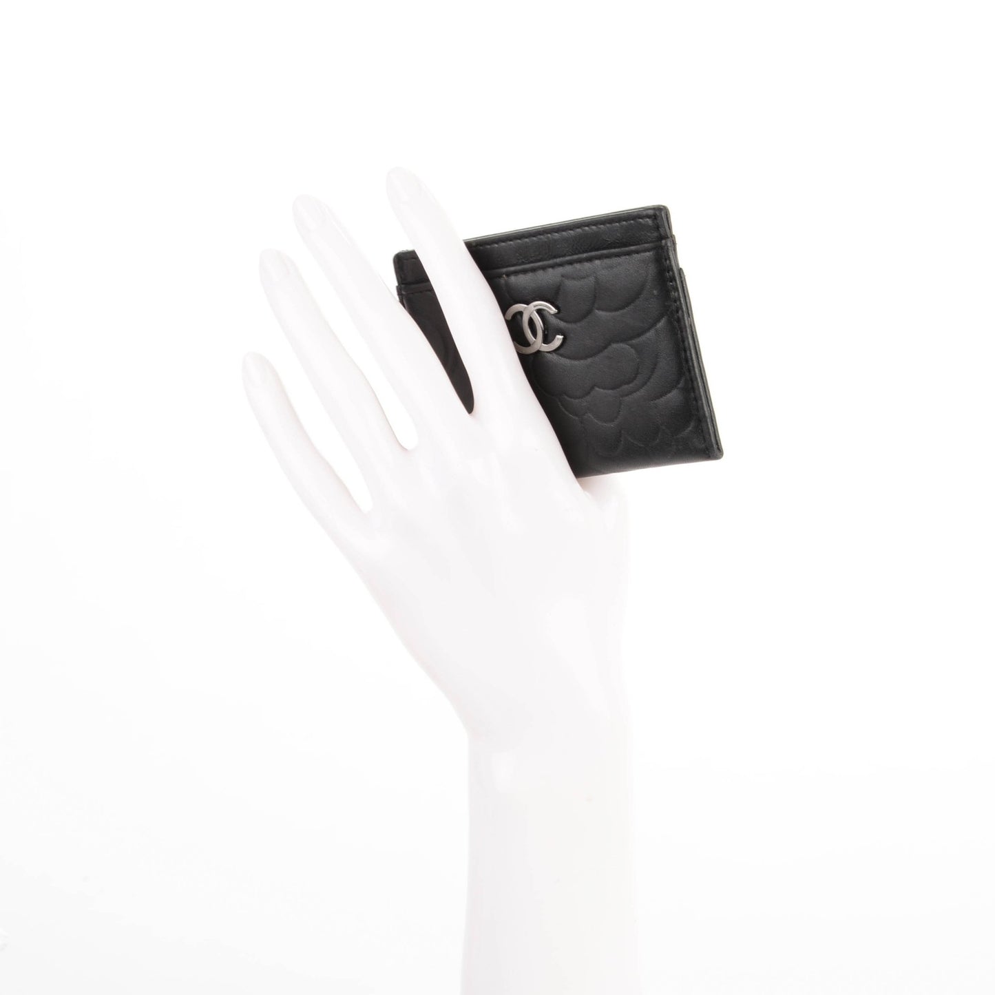 Lambskin Camellia Embossed Card Holder Black