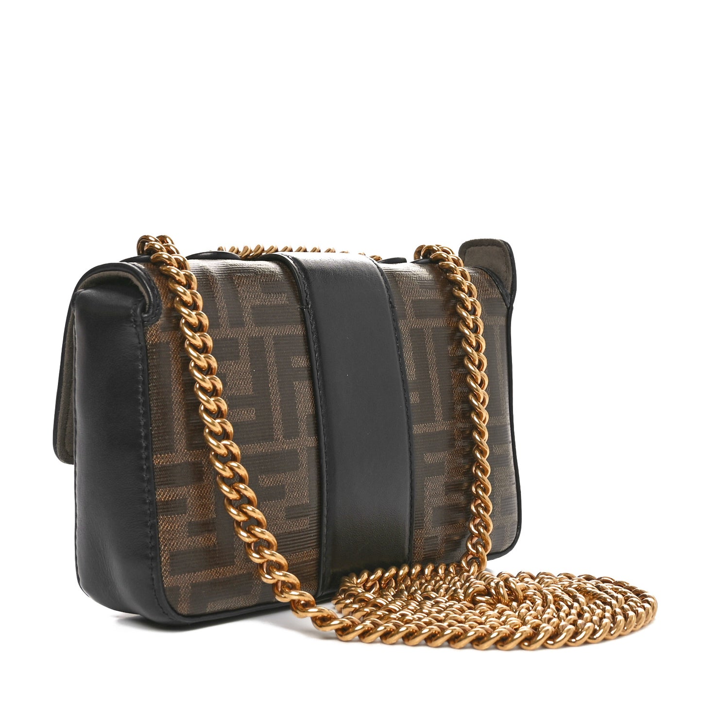 Glazed Fabric Vitello Century FF 1974 Stamp Patch Mini Double F Crossbody Bag Mogano Panna Black