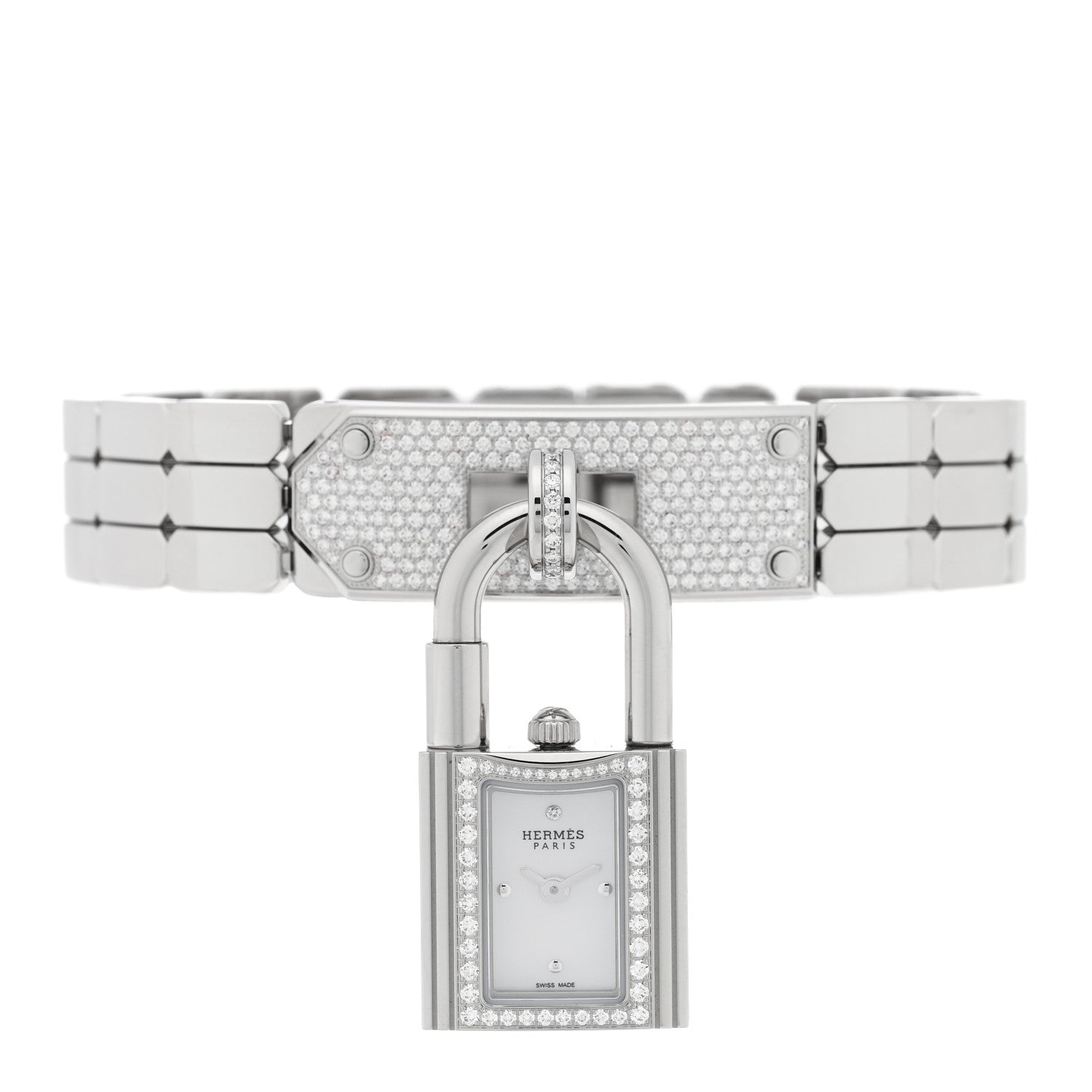 Hermes Stainless Steel Diamond Pave 16mm Kelly Quartz Watch 2 of 5