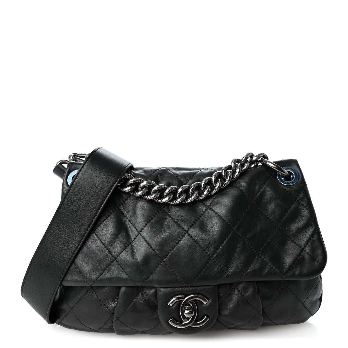 Calfskin Coco Pleats Messenger Flap Black