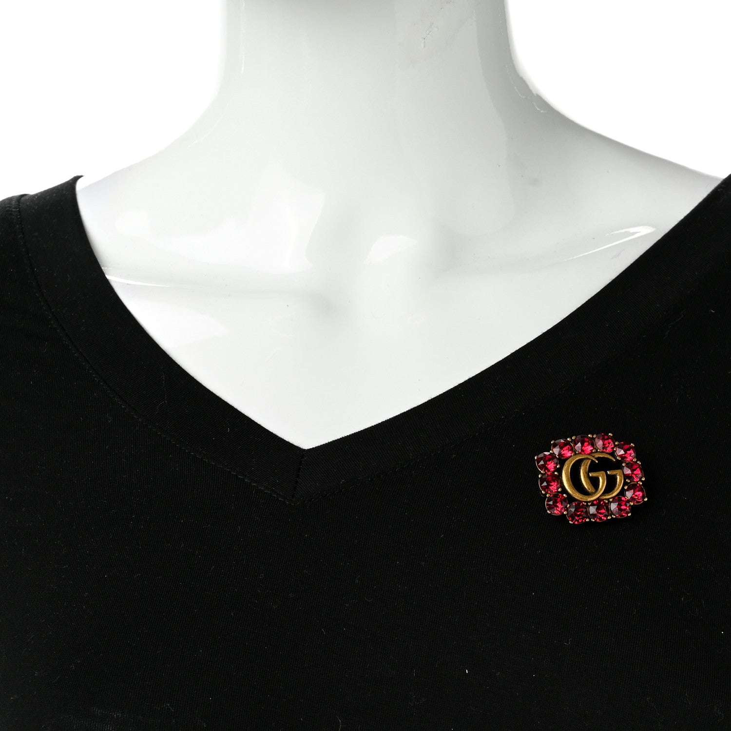 Gucci Metal Crystal Double G Brooch Aged Gold Red 2 of 5