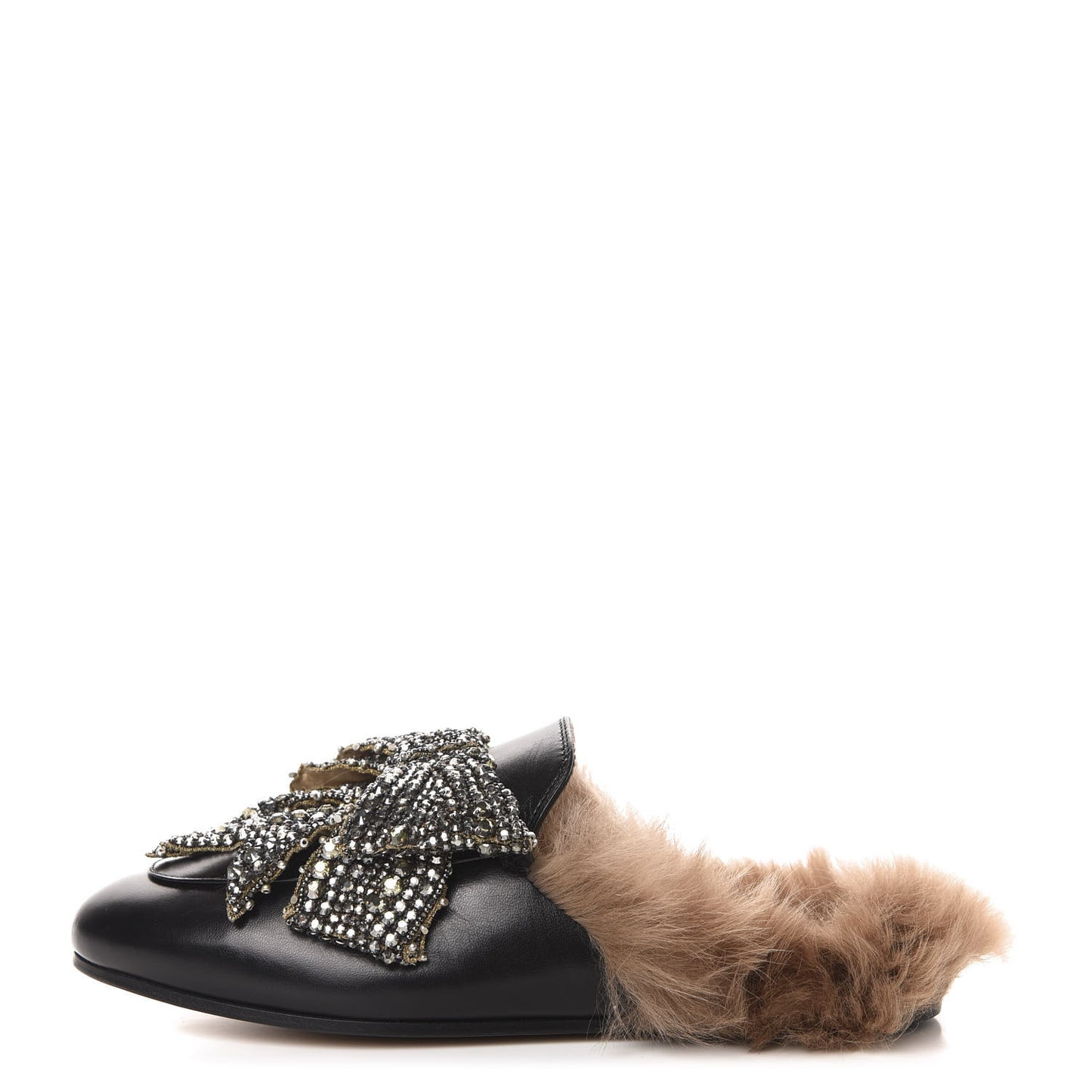 Malaga Kid Fur Crystal Bow Embroidered Womens Princetown Slippers 37.5 Black