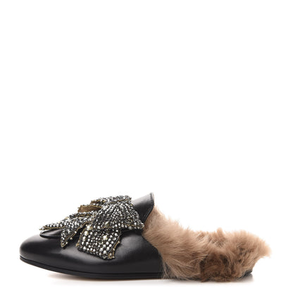 Gucci Malaga Kid Fur Crystal Bow Embroidered Womens Princetown Slippers 37.5 Black 1 of 9