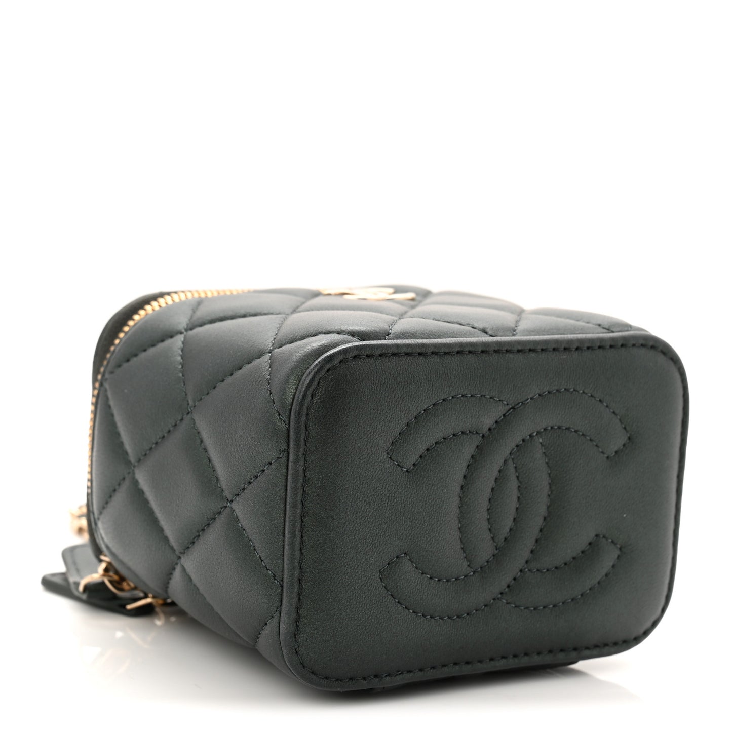 Iridescent Lambskin Quilted Mini Top Handle Vanity Case With Chain Dark Green