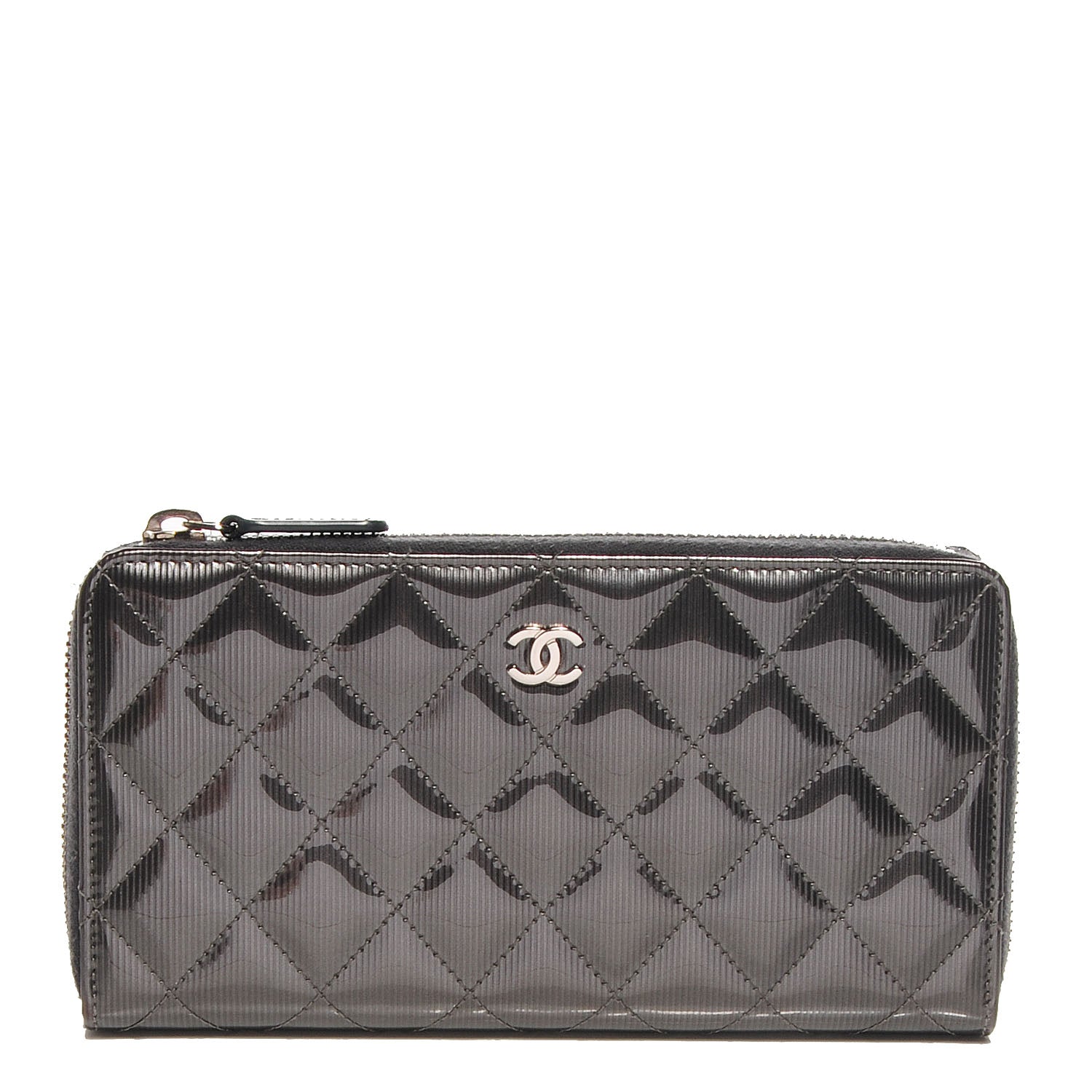 Chanel Striated Patent Zip Around Wallet Dark Grey 1 of 8