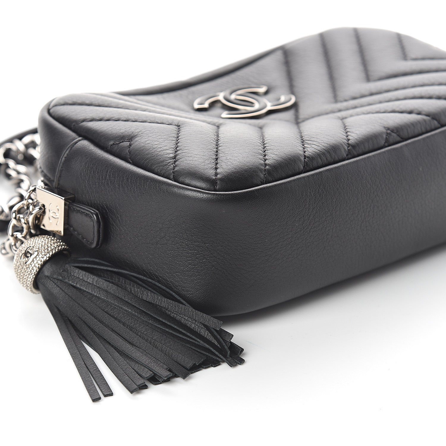 Chanel Calfskin Diagonal Chevron Quilted Tassel Camera Case Black 7 of 9