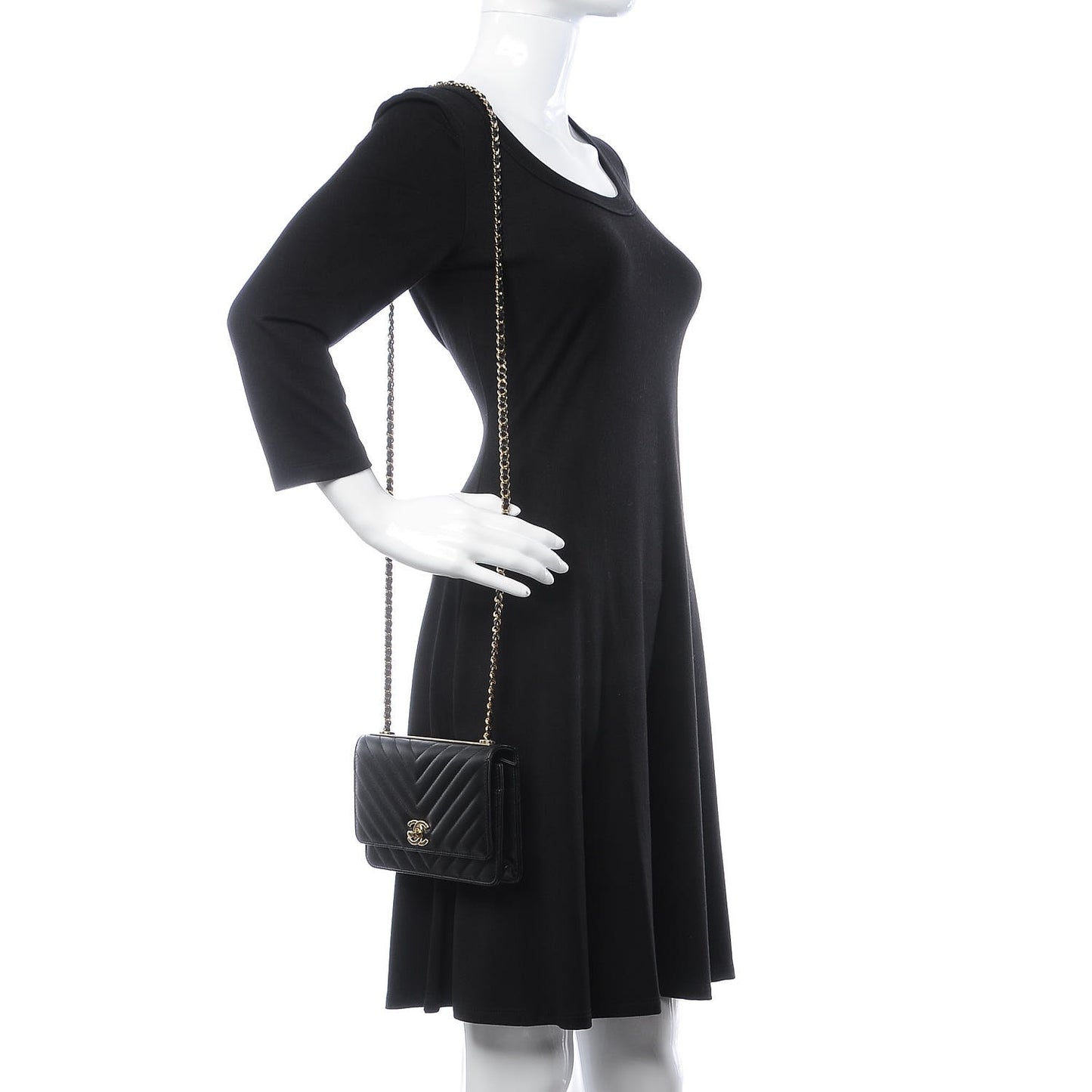 Lambskin Chevron Quilted Trendy CC Wallet On Chain WOC Black