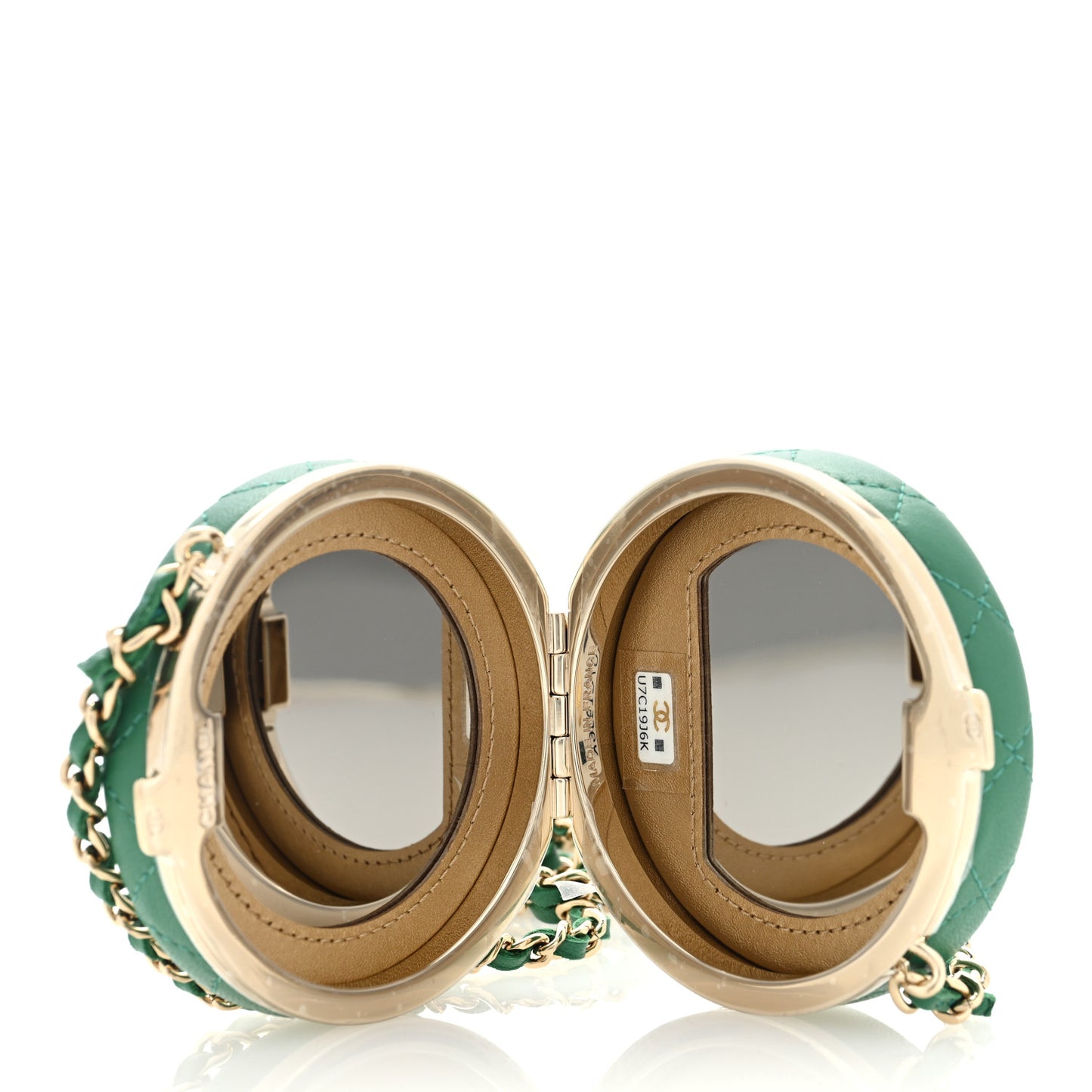 Lambskin Enamel Quilted Round Poker Chip Clutch With Chain Green White