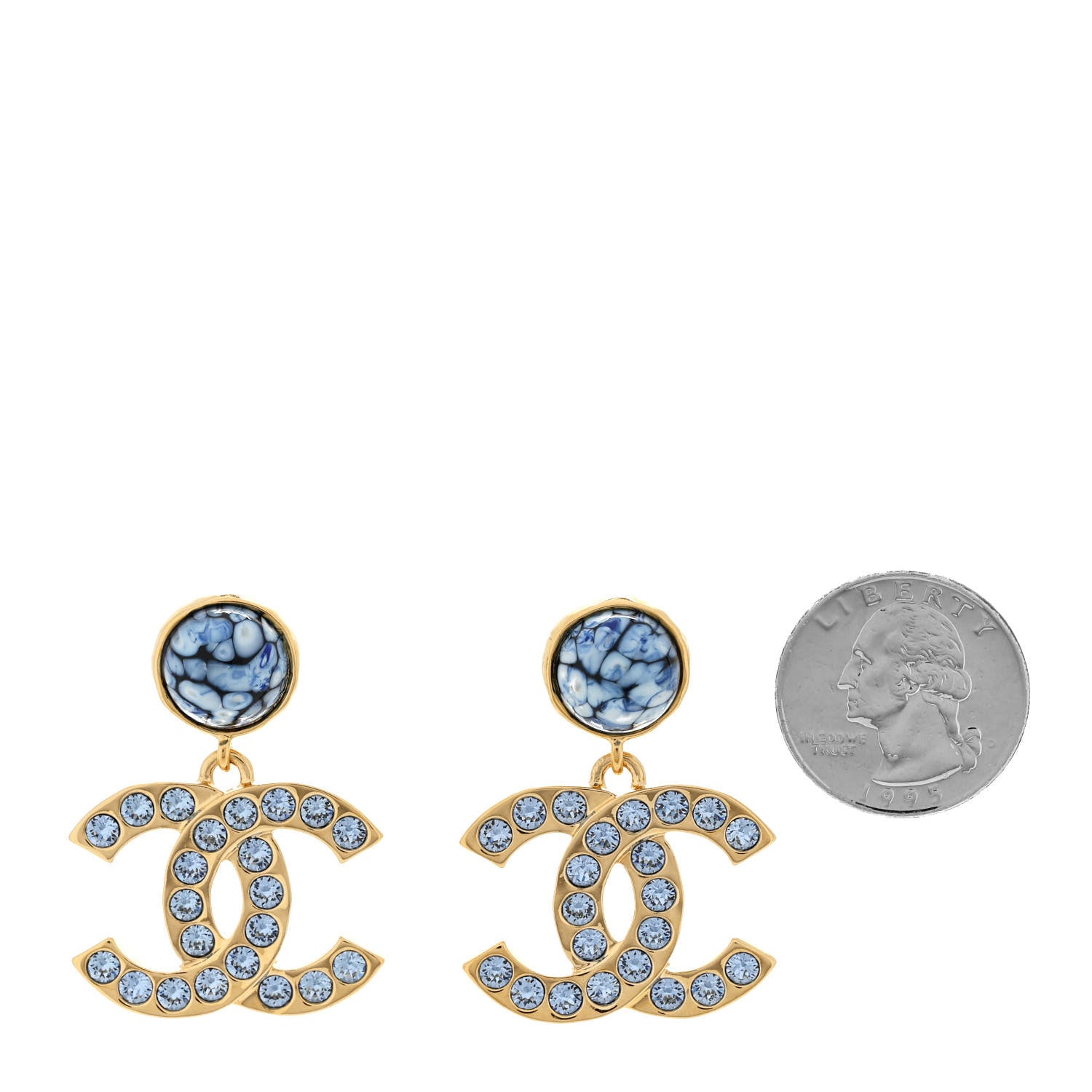 Chanel Crystal Stone CC Drop Earrings Blue Gold 2 of 5