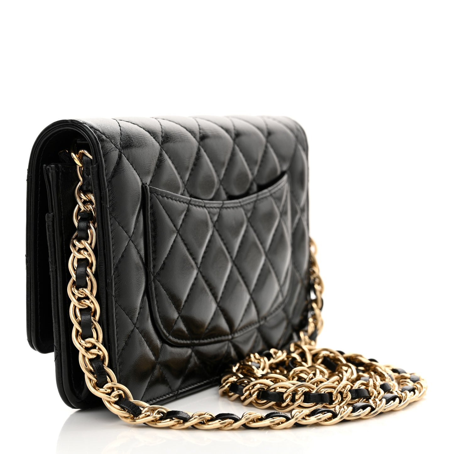 Shiny Lambskin Quilted Golden Links Wallet On Chain WOC Black
