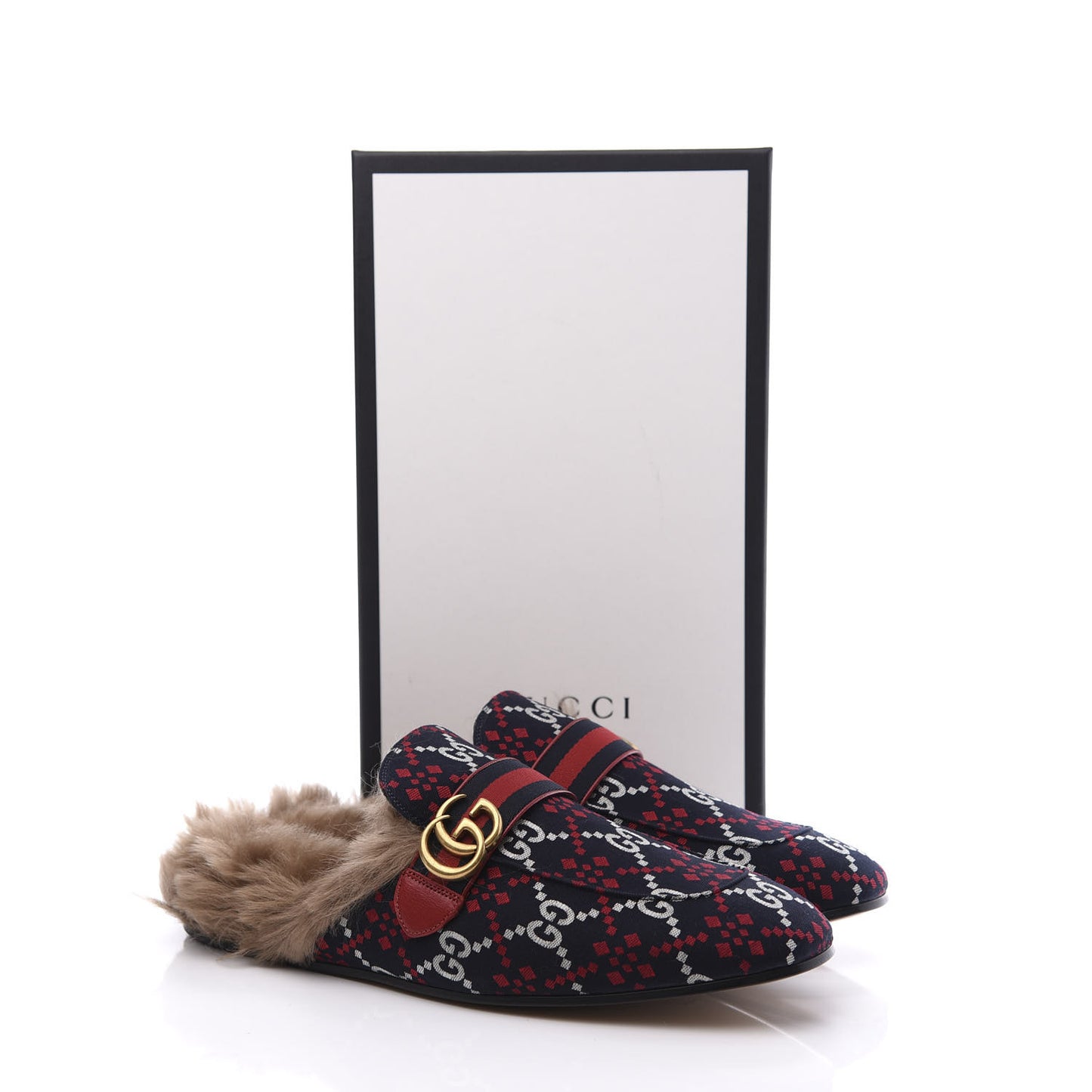 Canvas GG Monogram Diamond Fur Web GG Mens Princetown Slippers 12.5 Midnight Blue Hibiscus Red