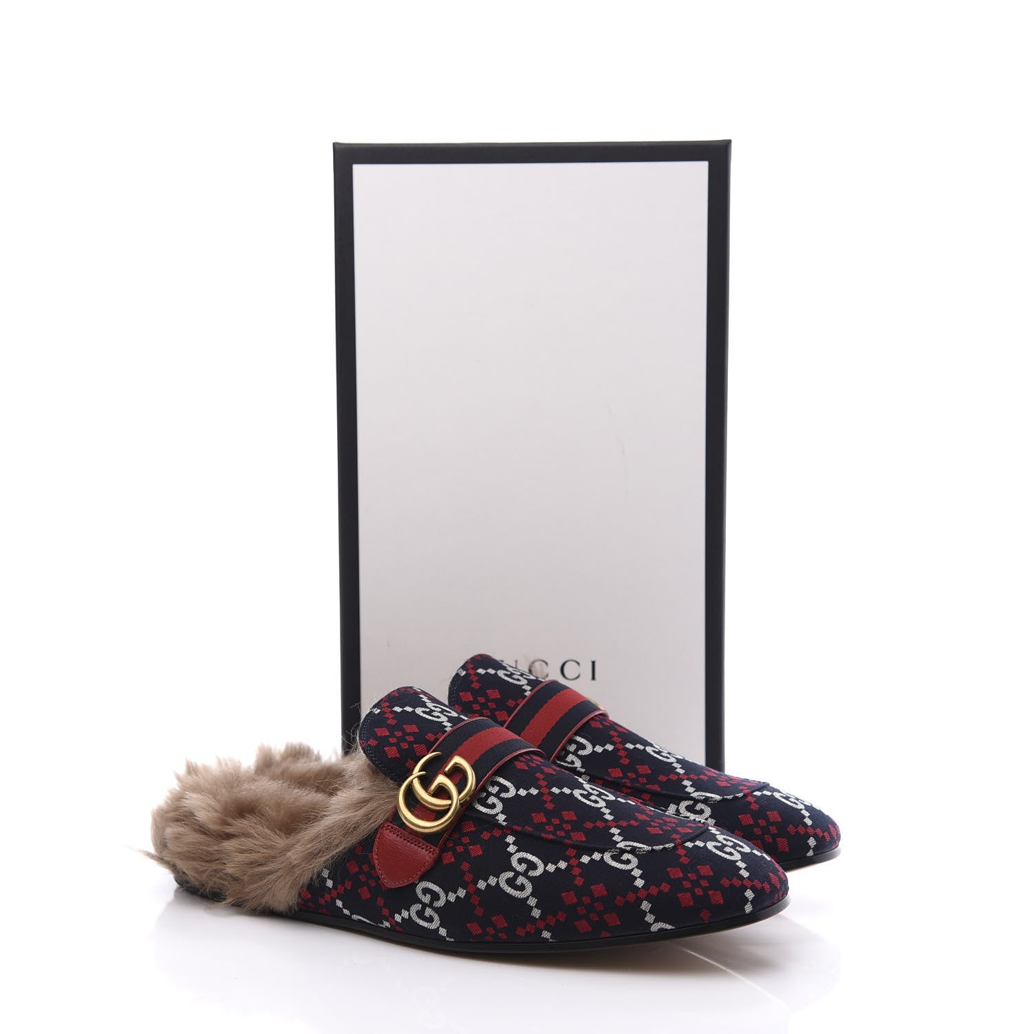 Gucci Canvas GG Monogram Diamond Fur Web GG Mens Princetown Slippers 12.5 Midnight Blue Hibiscus Red 10 of 10