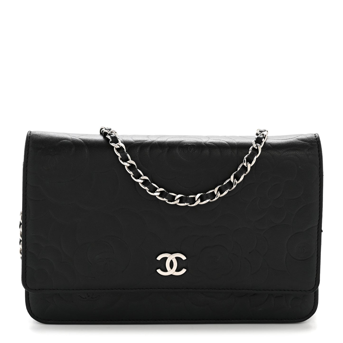 Lambskin Camellia Embossed Wallet On Chain WOC Black