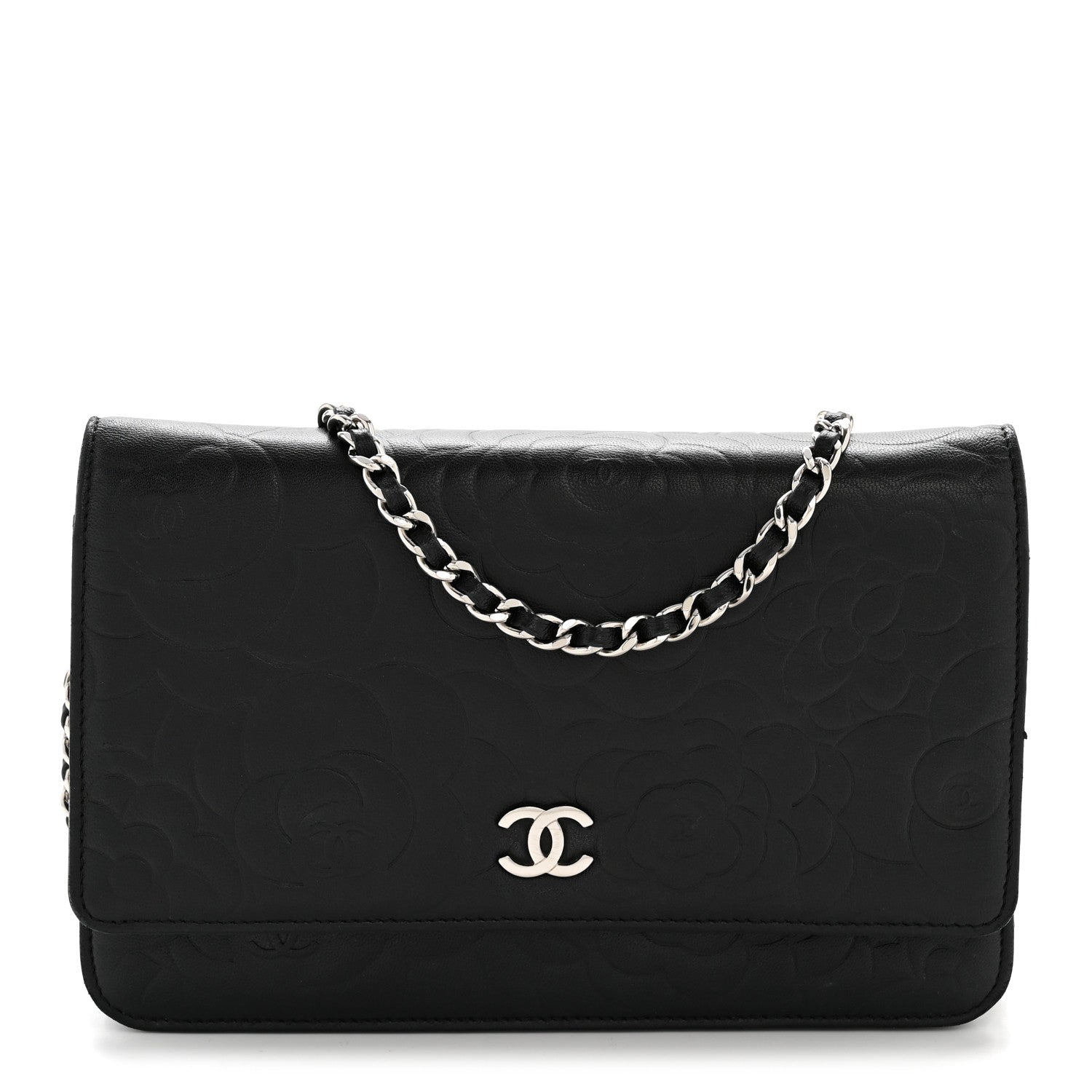 Chanel Lambskin Camellia Embossed Wallet On Chain WOC Black 1 of 14