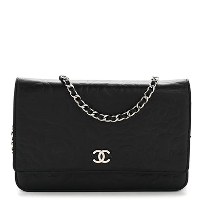 Chanel Lambskin Camellia Embossed Wallet On Chain WOC Black 1 of 14