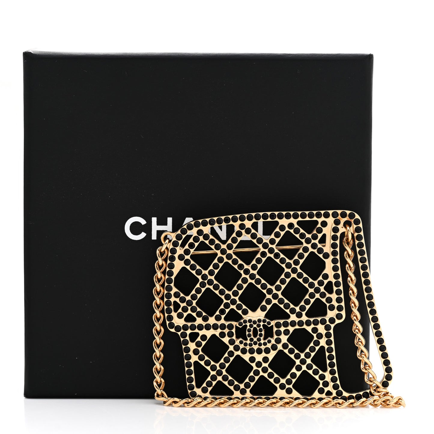 Metal Crystal Quilted Flap Bag Brooch Gold Black