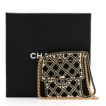 Chanel Metal Crystal Quilted Flap Bag Brooch Gold Black 5 of 5