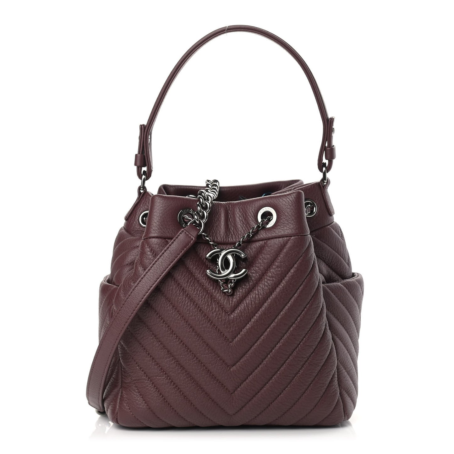 Deerskin Chevron Small CC Chain Bucket Bag Burgundy