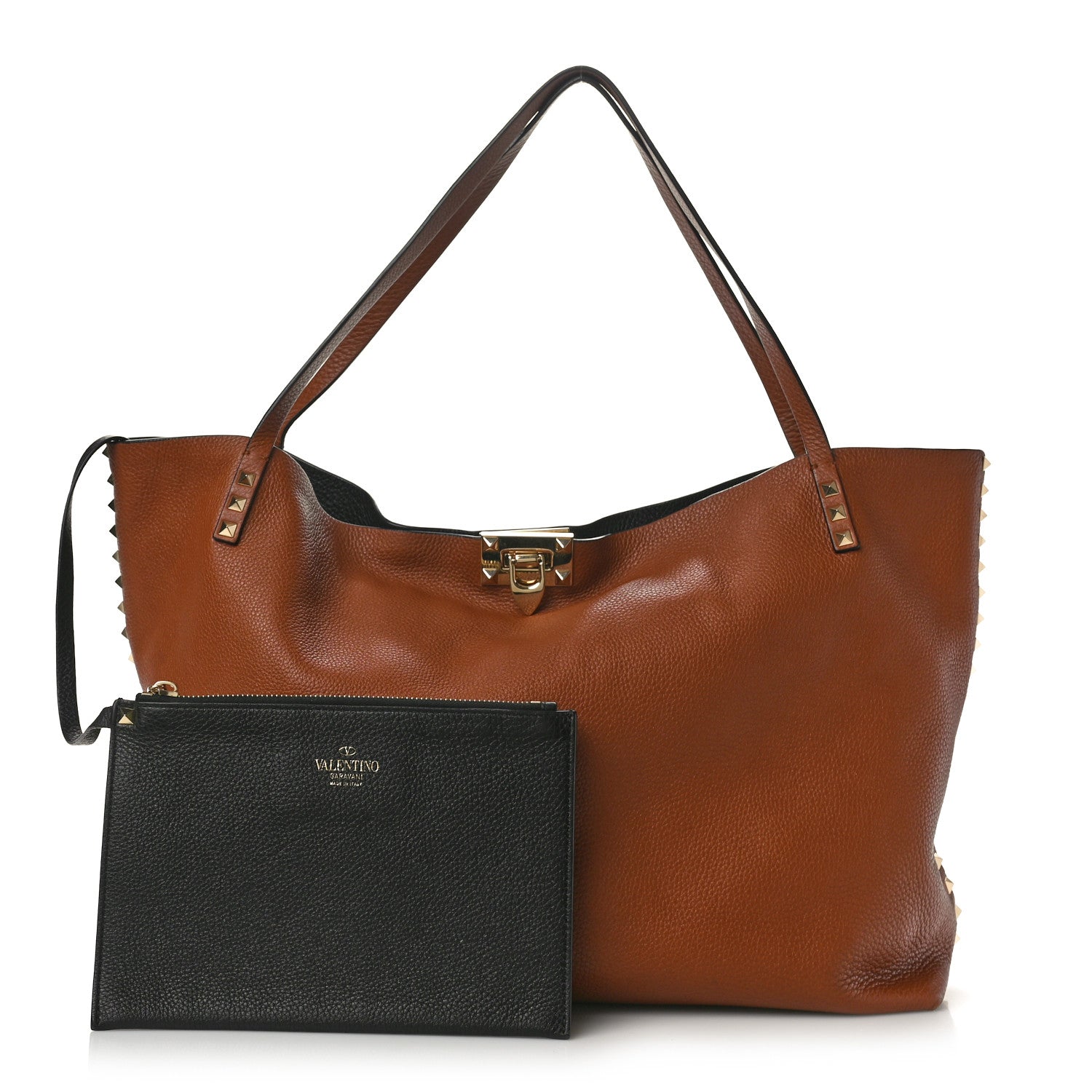 Valentino Garavani Grained Calfskin Large Rockstud Flip Lock Tote Camel Black 1 of 12