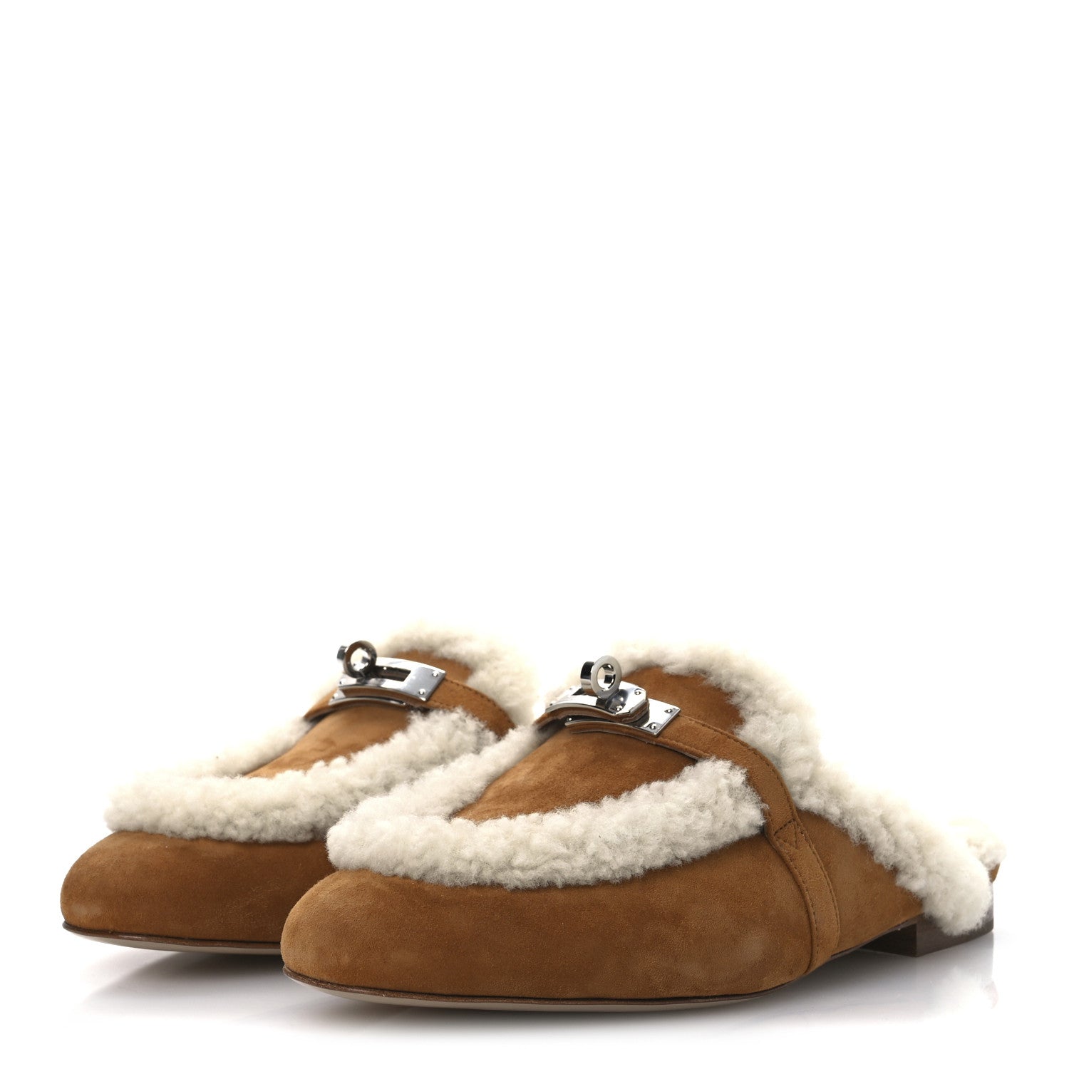Hermes Suede Goatskin Shearling Womens Oz Mules 37 Natural Ecru 3 of 11