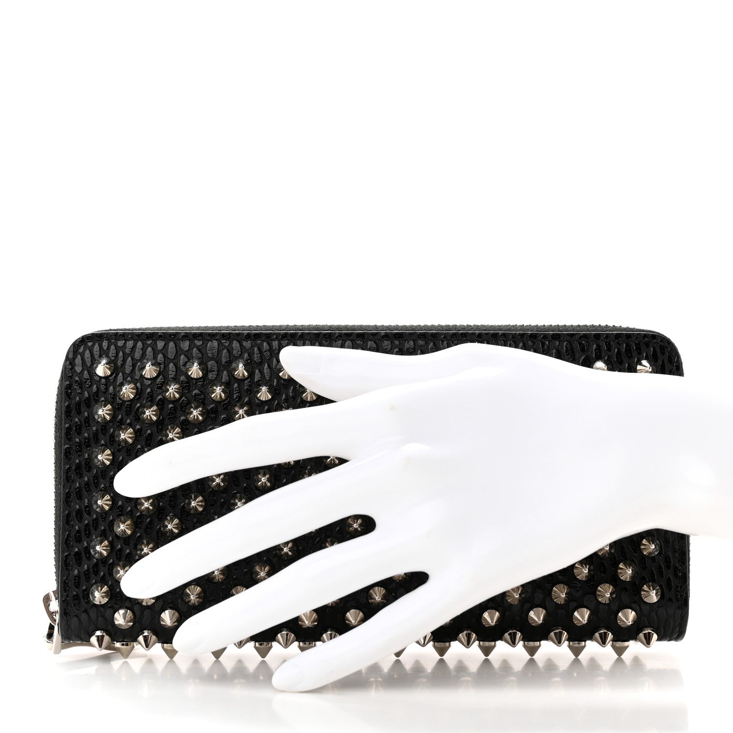 Christian Louboutin Calfskin Snakeskin Embossed Panettone Spiked Zip Around Wallet Black 2 of 11
