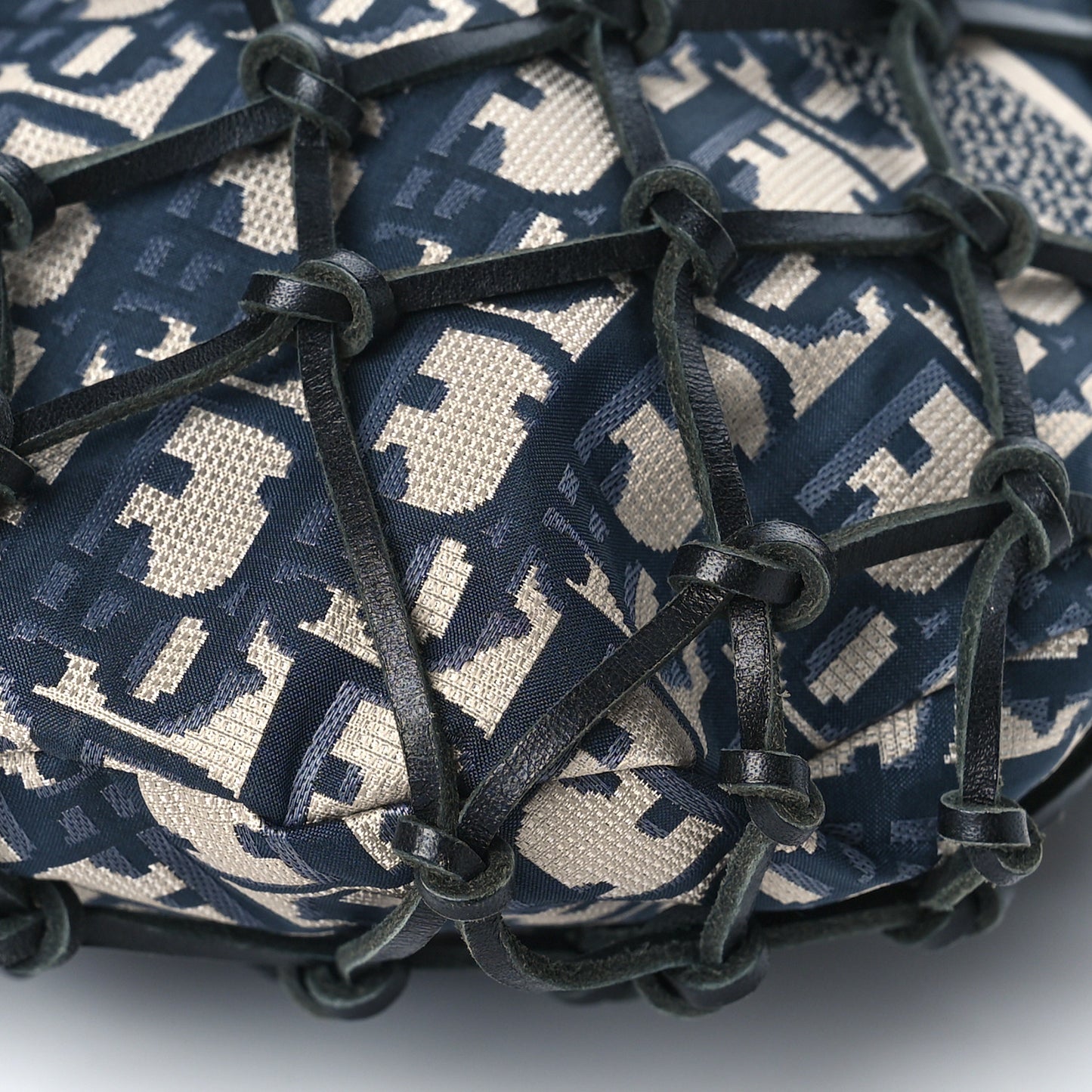 Woven Calfskin Technical Fabric Oblique Net Bag Blue