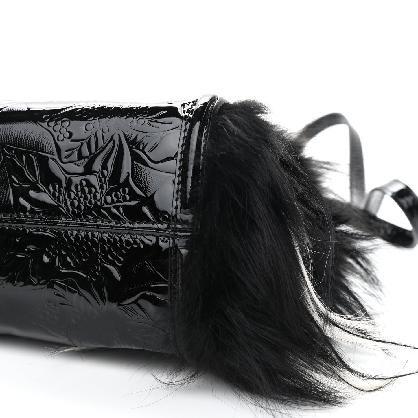 Patent Faux Fur Mini Skull Padlock Zip Around Tote Black