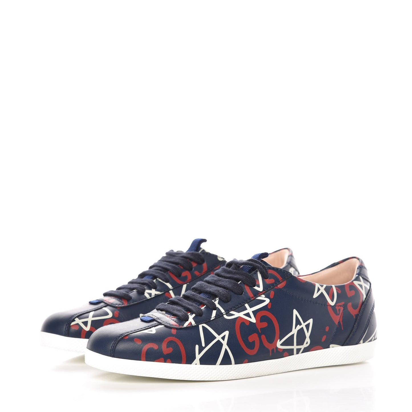 Calfskin GucciGhost Print Womens Low Top Sneakers 37.5 Blue Agata Hibiscus Red