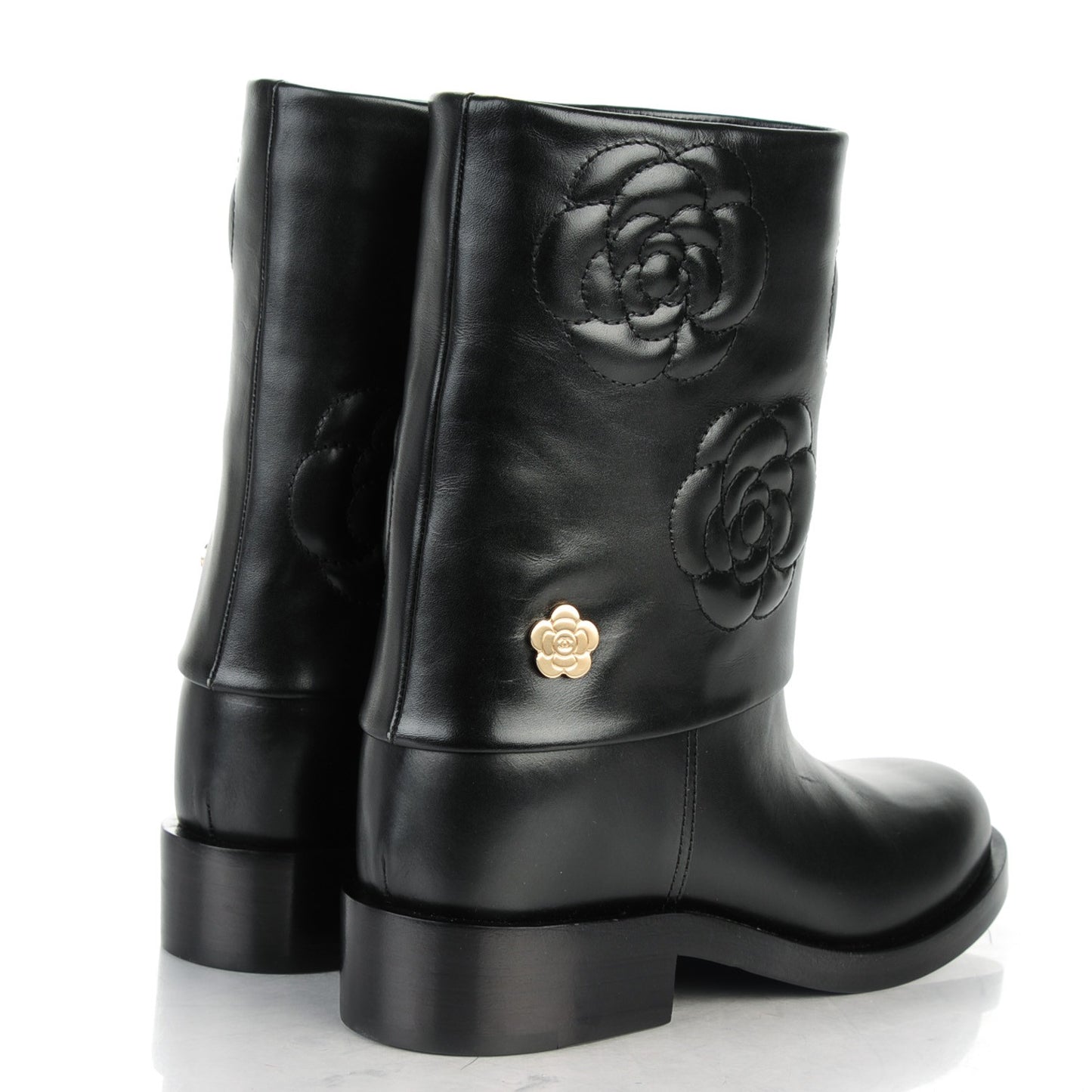 Calfskin Camellia Short Boots 36 Black